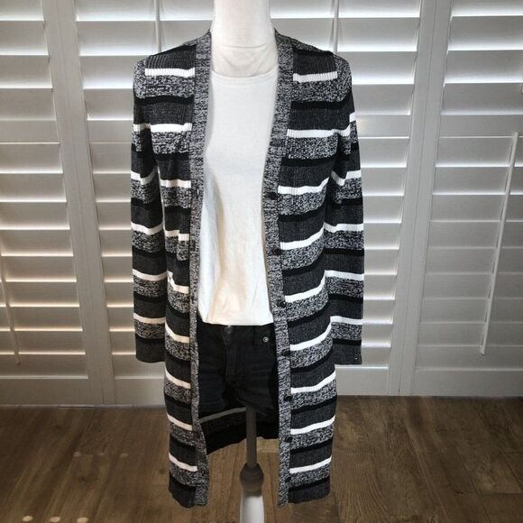 Tommy Hilfiger Long Black And White Sweater Cardigan XS Ribbed Stretch Button - Picture 10 of 12